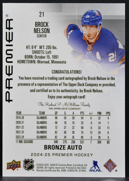 2024-25 Upper Deck Premier Bronze Auto Brock Nelson 21 Islanders Auto 3592
