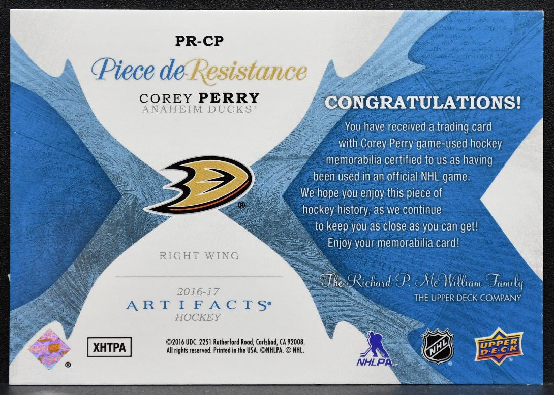 2016-17 UD Artifacts Piece de Resistance Relics Corey Perry Ducks Jersey 5197