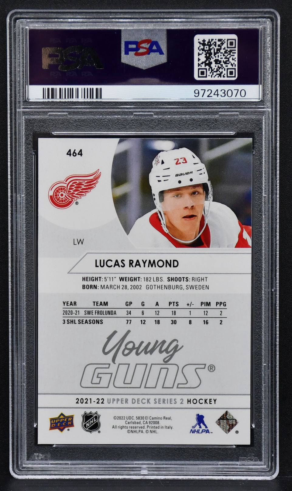 2021-22 UD Series 2 Young Guns Lucas Raymond 464 PSA 10 RC