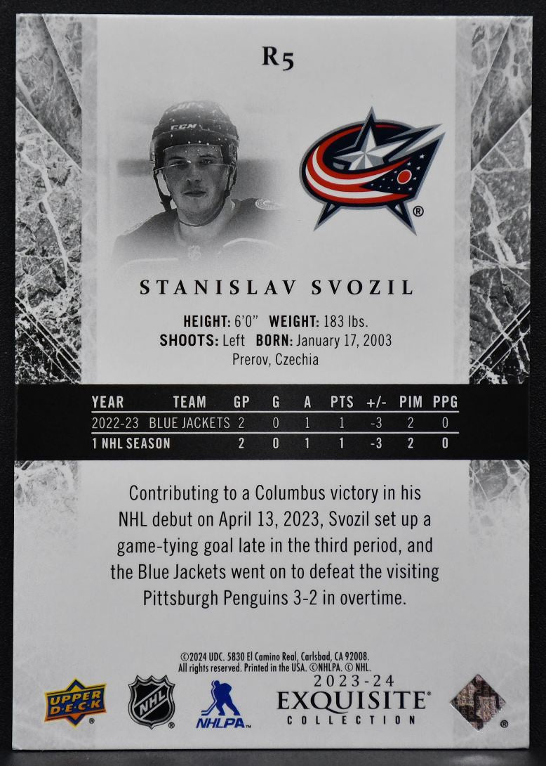 23-24 UD Ice Exquisite Collection RCs Platinum Blue Svozil Blue Jackets RC /299 7443