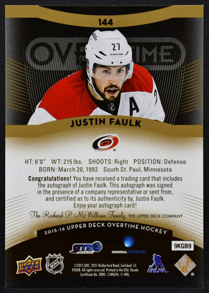 2015-16 Upper Deck Overtime Gold Auto Justin Faulk 144 Hurricanes Auto 0546