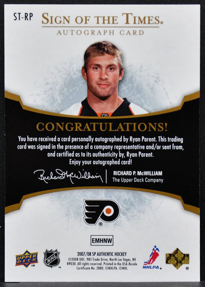 2007-08 SP Authentic Sign of the Times Ryan Parent ST-RP Auto 9873