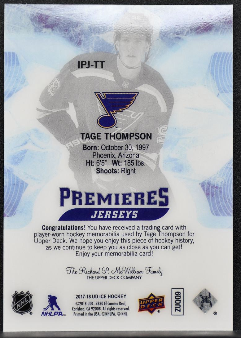 2017-18 UD Ice Premieres Jerseys Tage Thompson IPJ-TT St. Louis Blues RC Jersey 7567