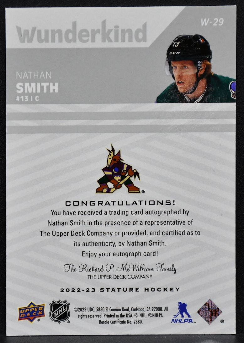 2022-23 UD Stature Wunderkind Auto Nathan Smith W-29 Arizona Coyotes Auto
