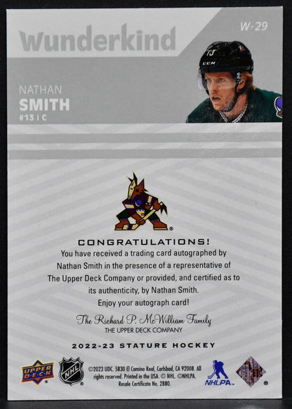2022-23 UD Stature Wunderkind Auto Nathan Smith W-29 Arizona Coyotes Auto