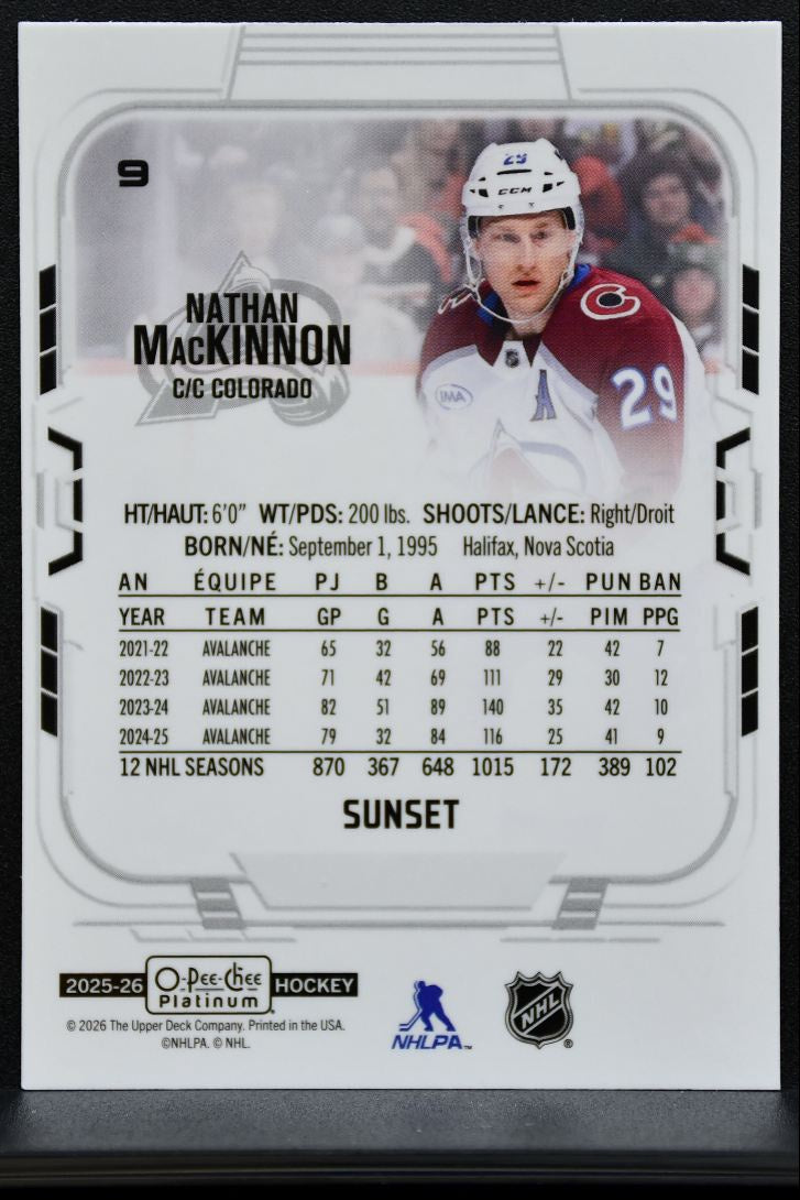 2025-26 O Pee Chee Platinum Sunset Nathan MacKinnon 9 Colorado Avalanche 7887