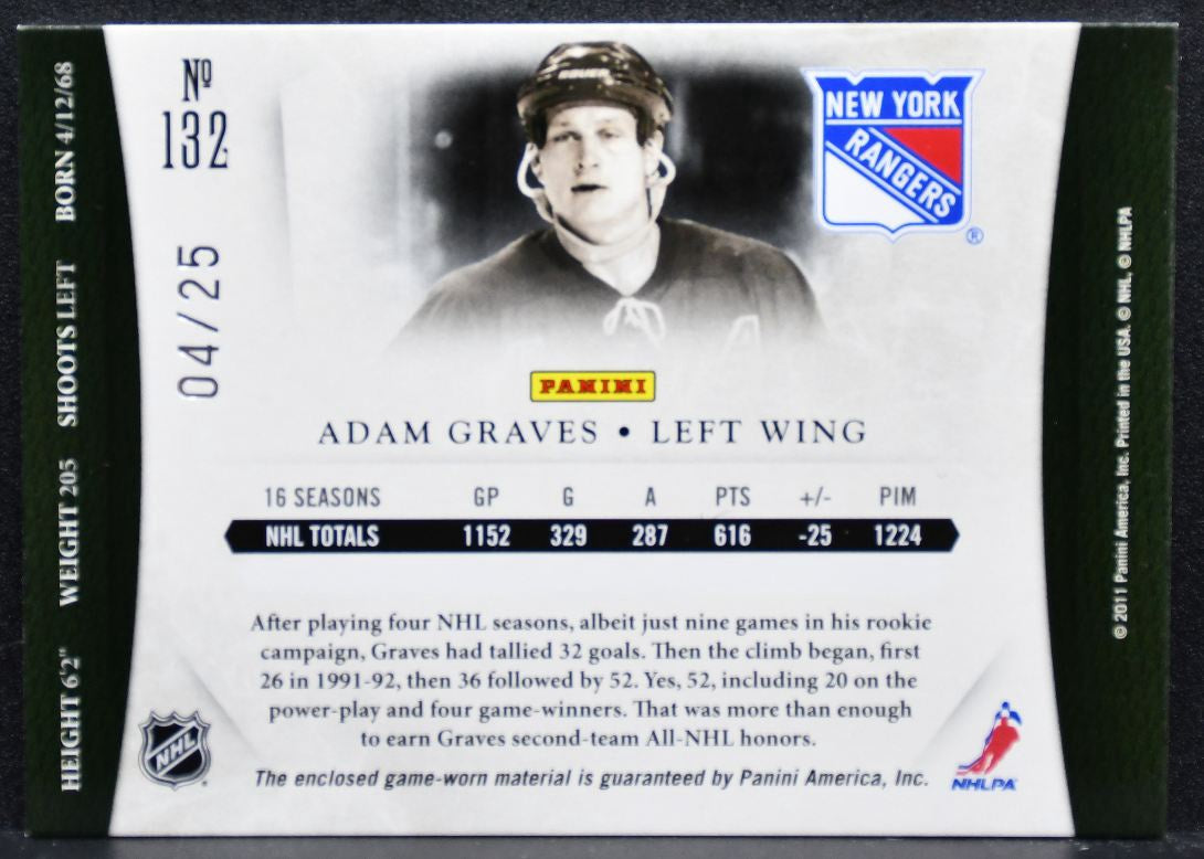2011-12 Panini Dominion Prime Adam Graves 132 New York Rangers 04/25 Patch 4729