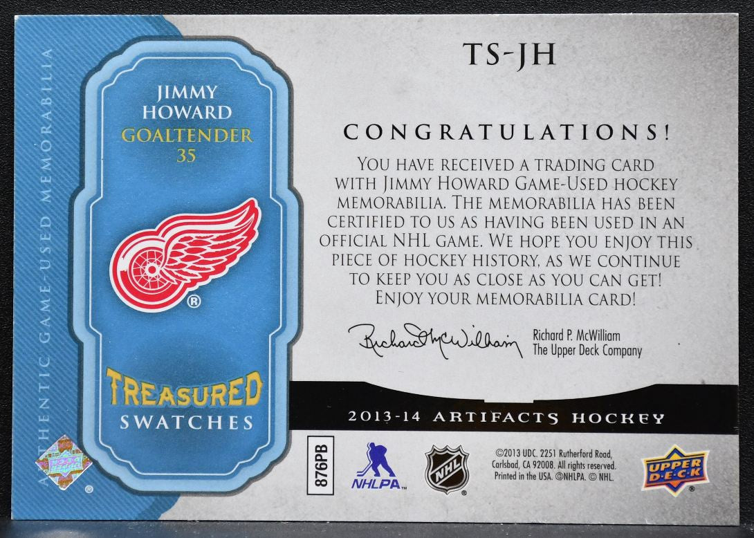 2013-14 UD Artifacts Treasured Swatches Blue Jimmy Howard Red Wings Jersey 5109