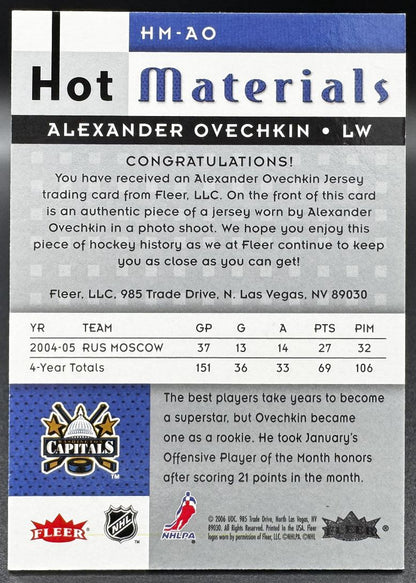 2005-06 Fleer Hot Materials Alexander Ovechkin Washington Capitals RC Jersey