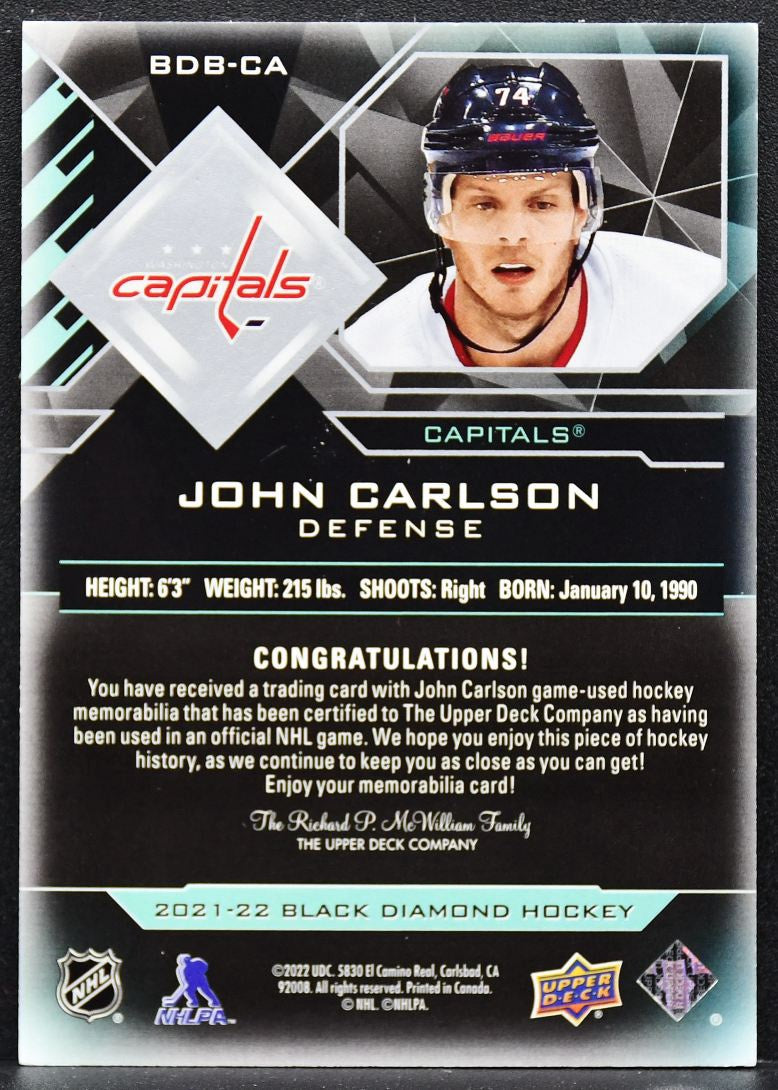 2021-22 Upper Deck Black Diamond Premium Relics John Carlson 26/50 Patch 8579