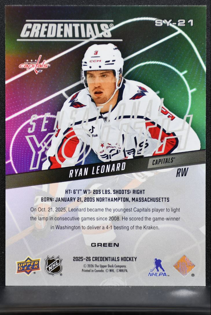2025-26 UD Credentials Sensational Youth Green Ryan Leonard RC 13/99 3604
