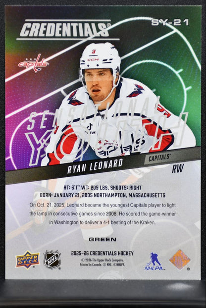2025-26 UD Credentials Sensational Youth Green Ryan Leonard RC 13/99 3604