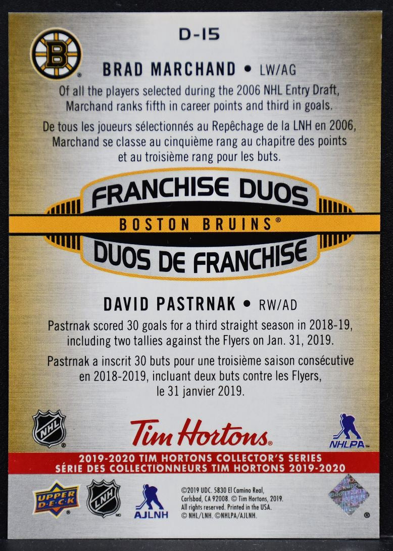 2019-20 UD Tim Hortons Franchise Duos Brad Marchand/David Pastrnak D-15 Bruins 3544