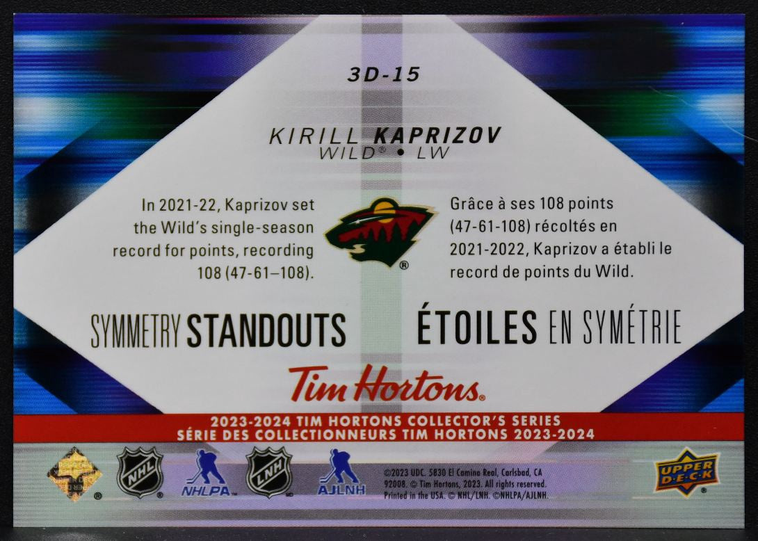 2023-24 UD Tim Hortons Symmetry Standouts Kirill Kaprizov 3D-15 Minnesota Wild 8532