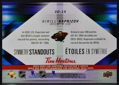 2023-24 UD Tim Hortons Symmetry Standouts Kirill Kaprizov 3D-15 Minnesota Wild 8532