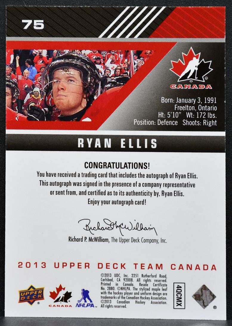 2013-14 Upper Deck Team Canada Gold Signatures Ryan Ellis 75 Canada Auto 7798