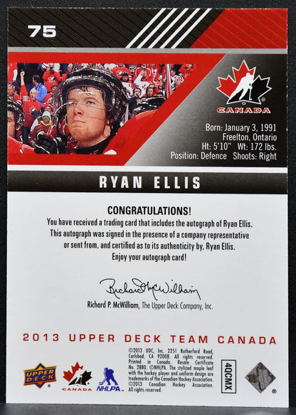 2013-14 Upper Deck Team Canada Gold Signatures Ryan Ellis 75 Canada Auto 7798