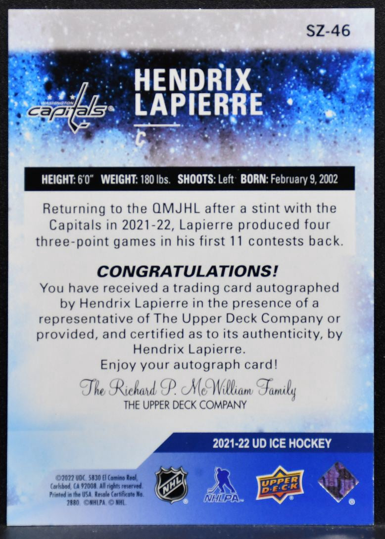 2021-22 Upper Deck Ice Subzero Rookies Hendrix Lapierre Capitals RC Auto 6969