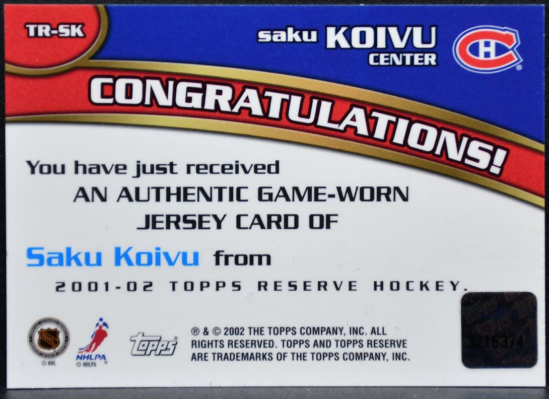 2001-02 Topps Reserve Jersey Relic Saku Koivu TR-SK Canadiens Jersey 1471
