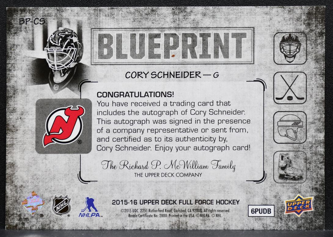 2015-16 UD Full Force Blueprint Autograph Cory Schneider BP-CS Devils Auto 8919