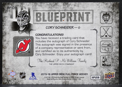 2015-16 UD Full Force Blueprint Autograph Cory Schneider BP-CS Devils Auto 8919