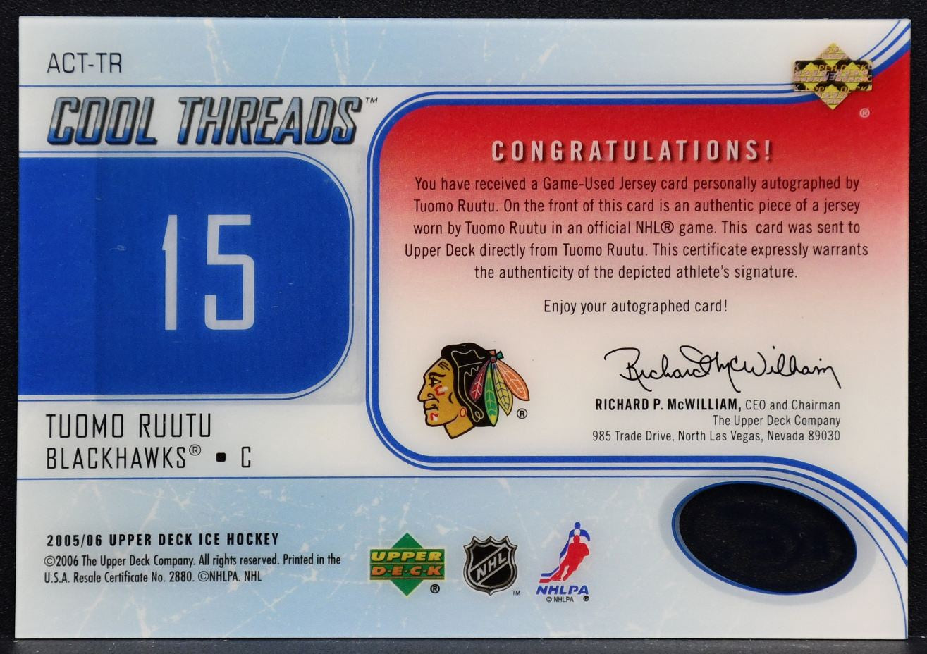 2005-06 UD Ice Cool Threads Autographs Tuomo Ruutu ACT-TR Auto 33/35