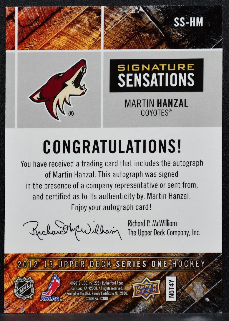 2012-13 UD Series 1 Signature Sensations Martin Hanzal Phoenix Coyotes Auto 8254