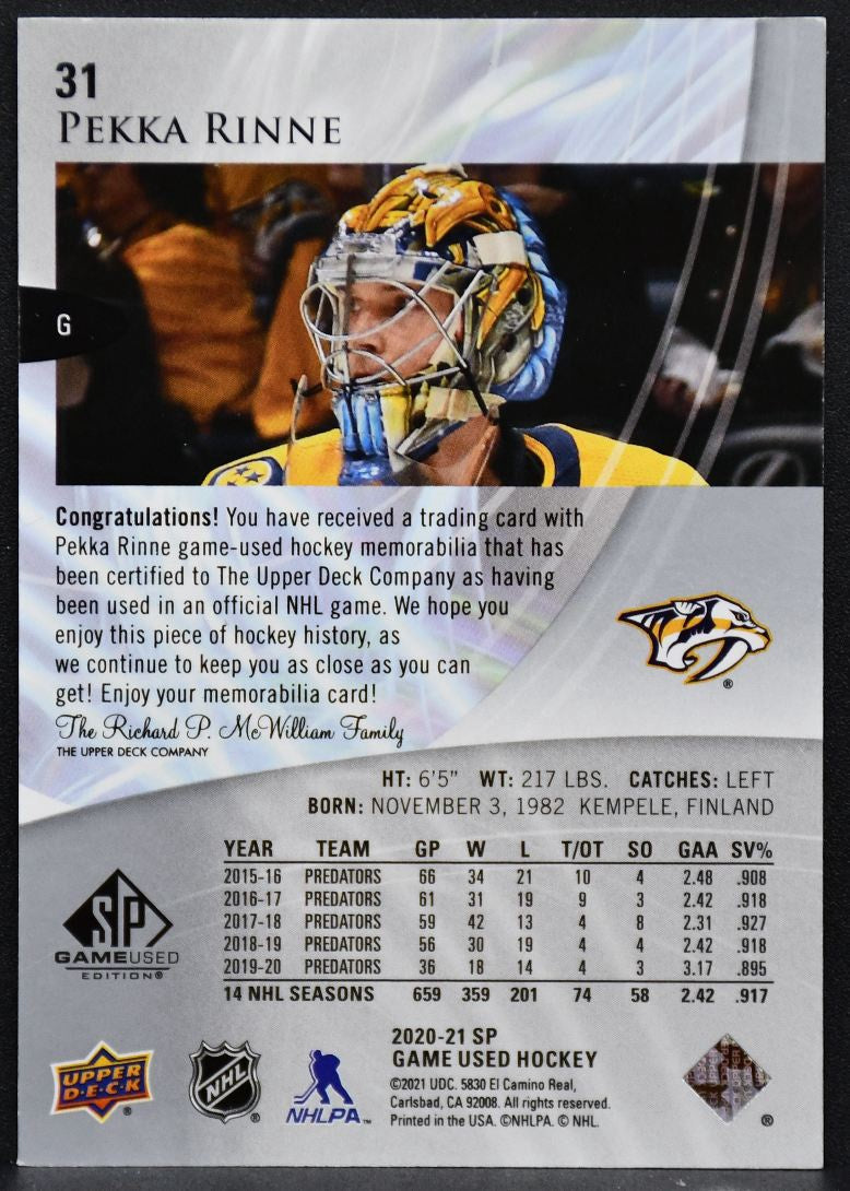 2020-21 SP Game Used Silver Jersey Pekka Rinne 31 Nashville Predators Jersey 6972