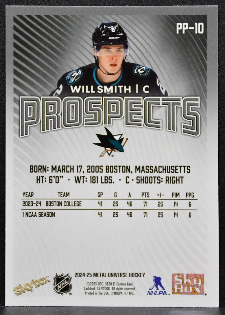 2024-25 SkyBox Metal Universe Skybox Premium Prospects Will Smith Sharks RC 4339