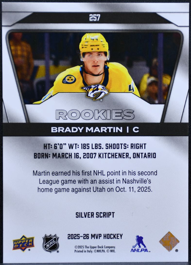 2025-26 UD MVP Rookies Silver Script Brady Martin 257 Predators RC 3658