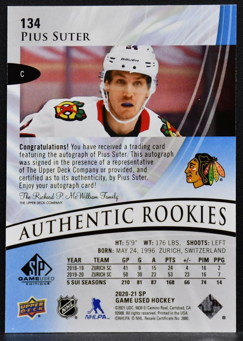 2020-21 SP Game Used Authentic Rookies Auto Pius Suter 134 RC Auto
