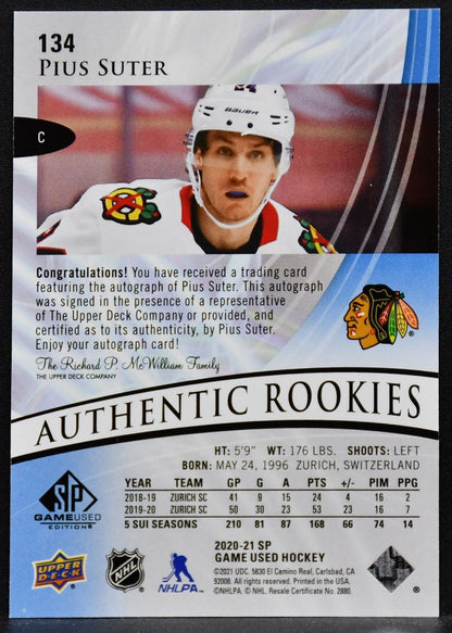 2020-21 SP Game Used Authentic Rookies Auto Pius Suter 134 RC Auto