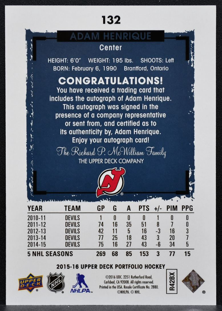 2015-16 Upper Deck Portfolio Autographs Adam Henrique 132 Devils Auto 1724