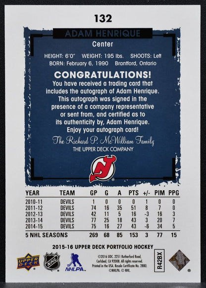2015-16 Upper Deck Portfolio Autographs Adam Henrique 132 Devils Auto 1724