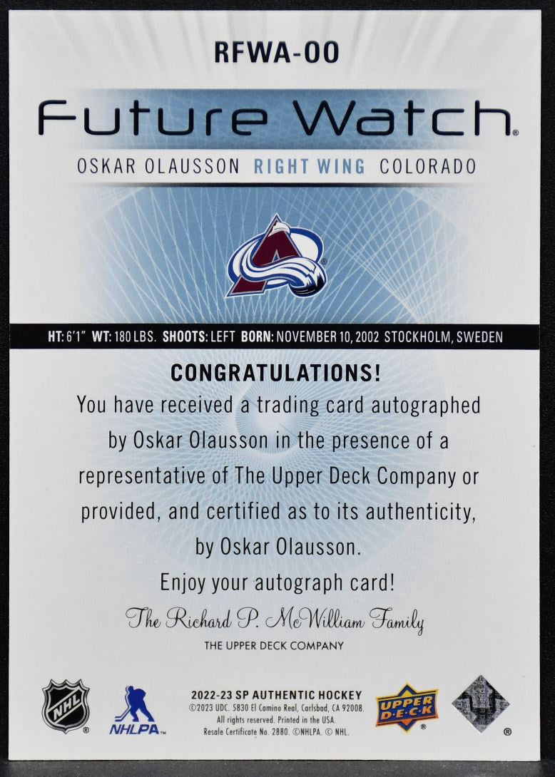 2022-23 SP Authentic Retro Future Watch Auto Oskar Olausson RFWA-OO RC Auto /699