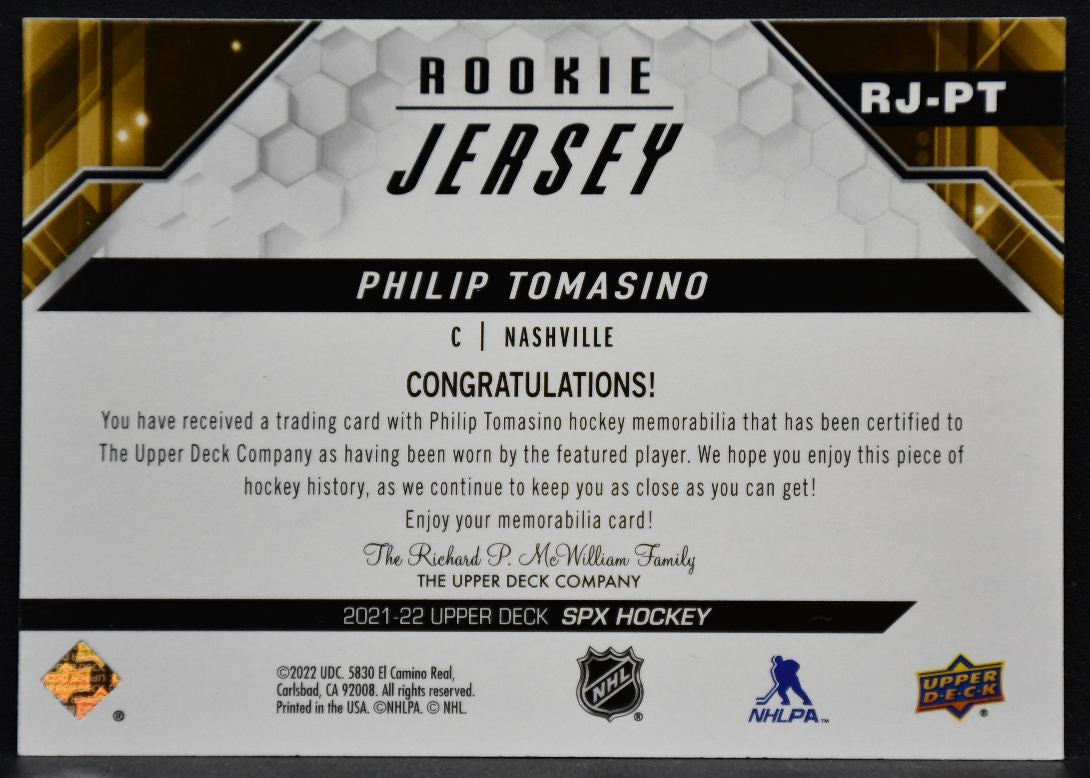 2021-22 SPx Rookie Jersey Philip Tomasino RJ-PT Nashville Predators RC Jersey 6645