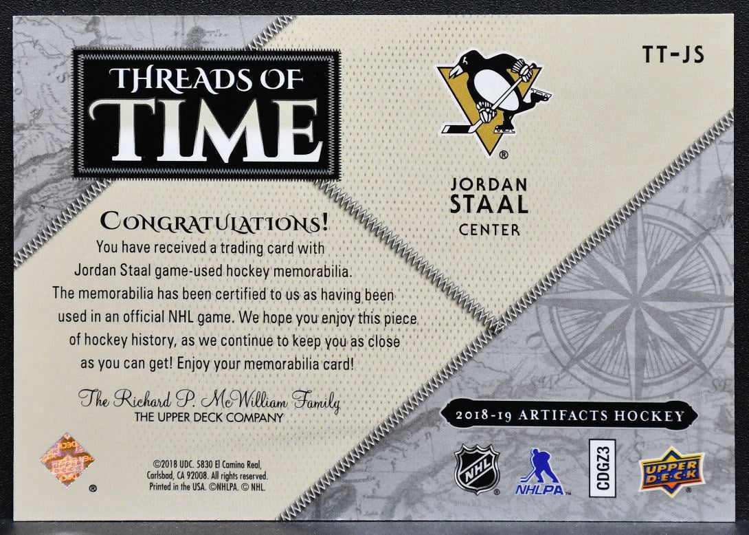 2018-19 UD Artifacts Threads of Time Jordan Staal TT-JS Penguins Jersey 4435