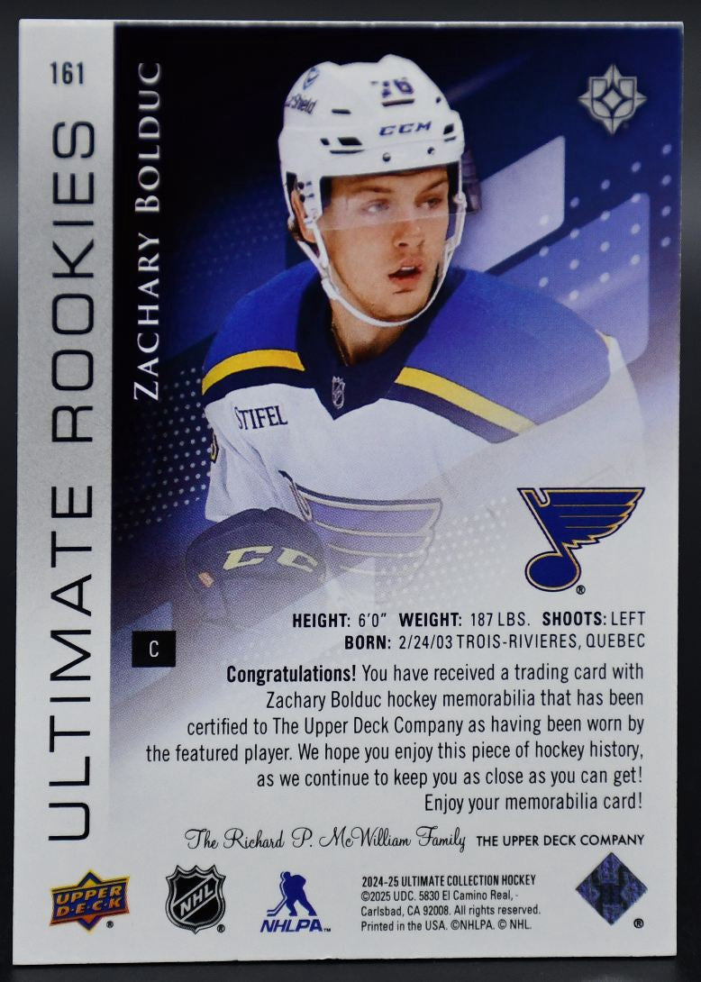 2024-25 UD Ultimate Collection Zachary Bolduc 161 St. Louis Blues RC /499 Jersey