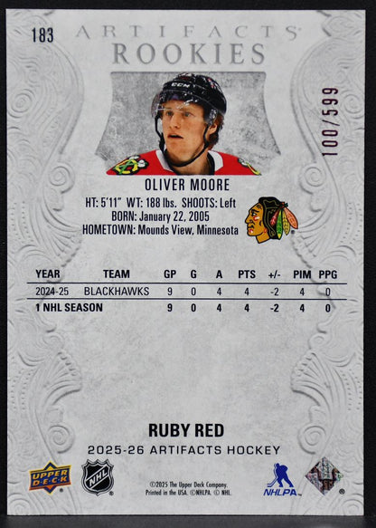 2025-26 UD Artifacts RCs Ruby Red Oliver Moore 183 Chicago Blackhawks RC 100/599 2272