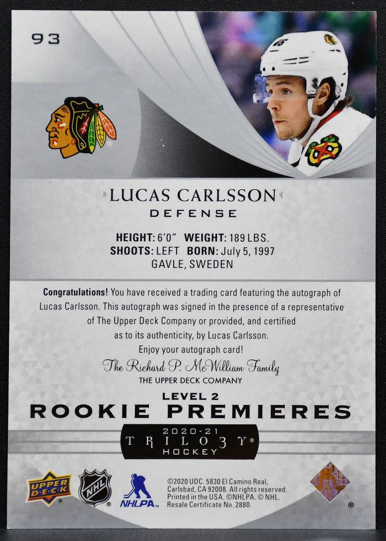 2020-21 UD Trilogy Rookie Premieres Lvl2 Carlsson RC Auto 161/199 9398