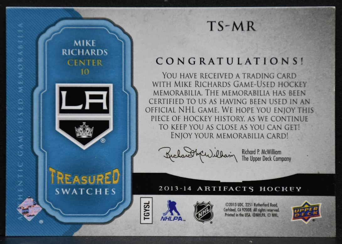 2013-14 UD Artifacts Treasured Swatches Blue Mike Richards TS-MR Kings Jersey 6927