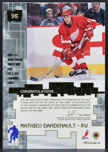 1999-100 Be a Player Millennium Gold Mathieu Dandenault 95 Red Wings Auto 0621