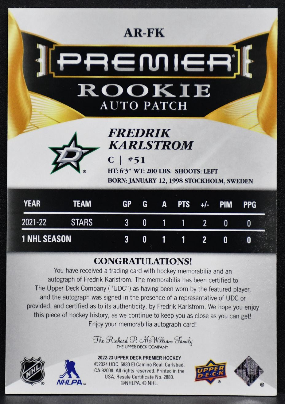 2022-23 UD Premier Acetate Rookie Auto Patch Fredrik Karlstrom AR-FK RC Auto 249