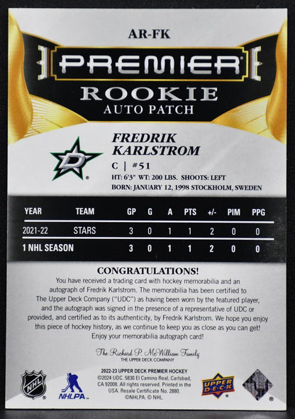 2022-23 UD Premier Acetate Rookie Auto Patch Fredrik Karlstrom AR-FK RC Auto 249