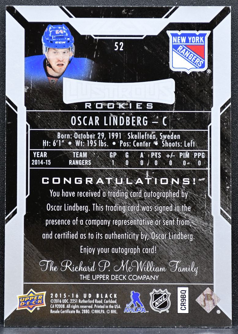 2015-16 UD Black Lustrous Rookies Oscar Lindberg 52 Rangers RC Auto 168/299 1786