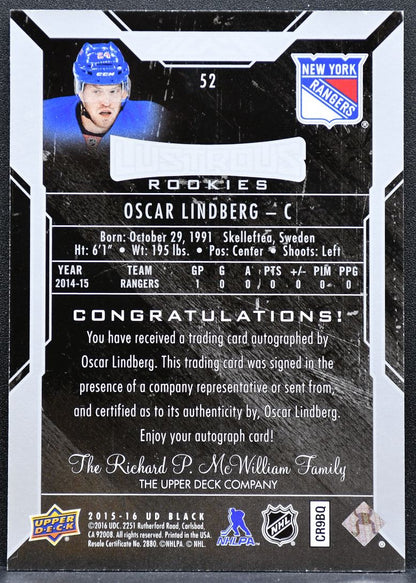 2015-16 UD Black Lustrous Rookies Oscar Lindberg 52 Rangers RC Auto 168/299 1786