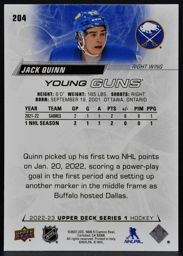 2022-23 Upper Deck Young Guns Jack Quinn 204 Buffalo Sabres RC 2964
