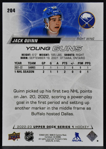 2022-23 Upper Deck Young Guns Jack Quinn 204 Buffalo Sabres RC 2964