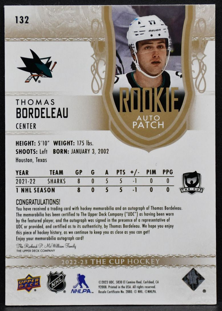 2022-23 UD The Cup Rookie Auto Patch Thomas Bordeleau 132  RC Auto 22/24 Patch