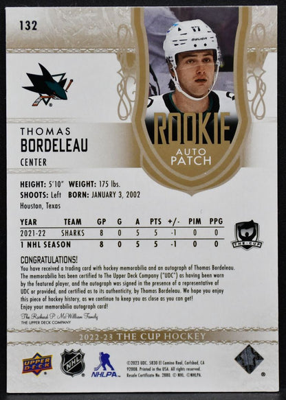 2022-23 UD The Cup Rookie Auto Patch Thomas Bordeleau 132  RC Auto 22/24 Patch